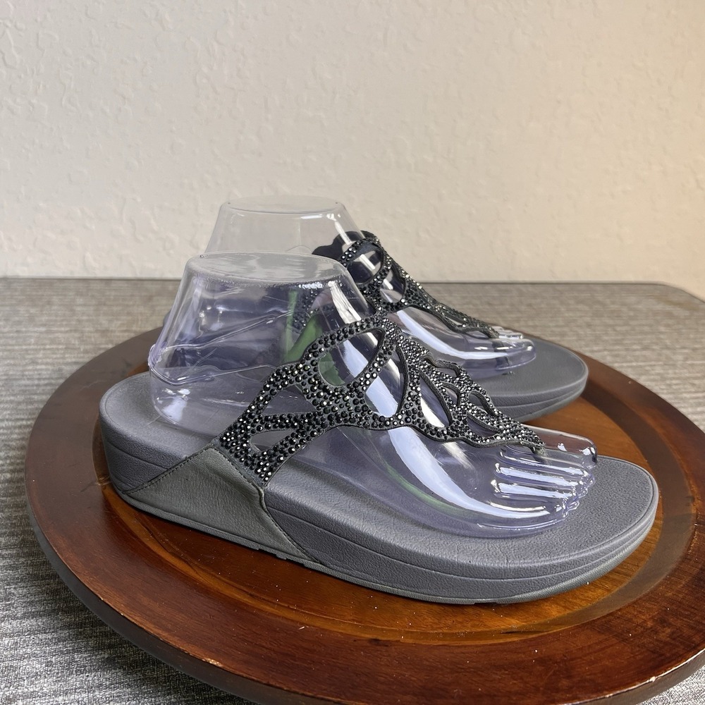 FitFlop Bumble Toe Sandal Size 10 Gray Crystal Rhinestone Resort Going Out Beacg